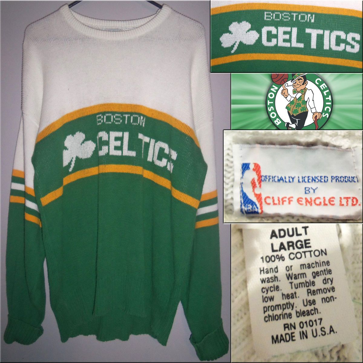 Vtg 1980s Boston Celtics NBA Authentic Cliff Engle Sweater Mens Large 