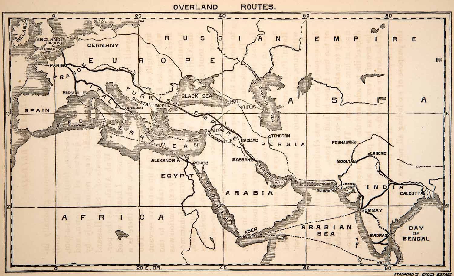   Map Overland Routes Dover London Suez Alexandria Bombay Calcutta Aden