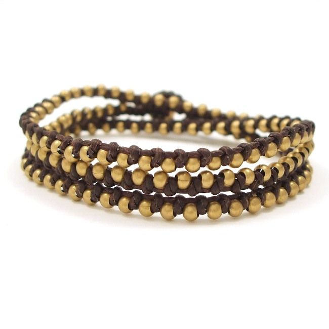   Wrap Mini Brass Beads Single Strand Brown Cotton Rope Bracelet