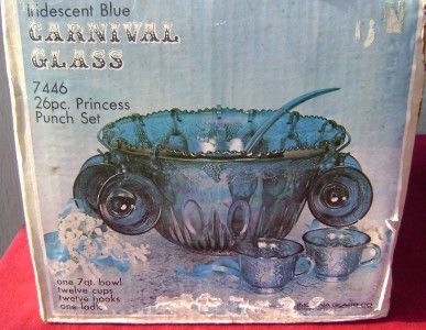   GLASS BLUE GRAPE CARNIVAL GLASS PRINCESS 26PC PUNCH BOWL SET UNUSED