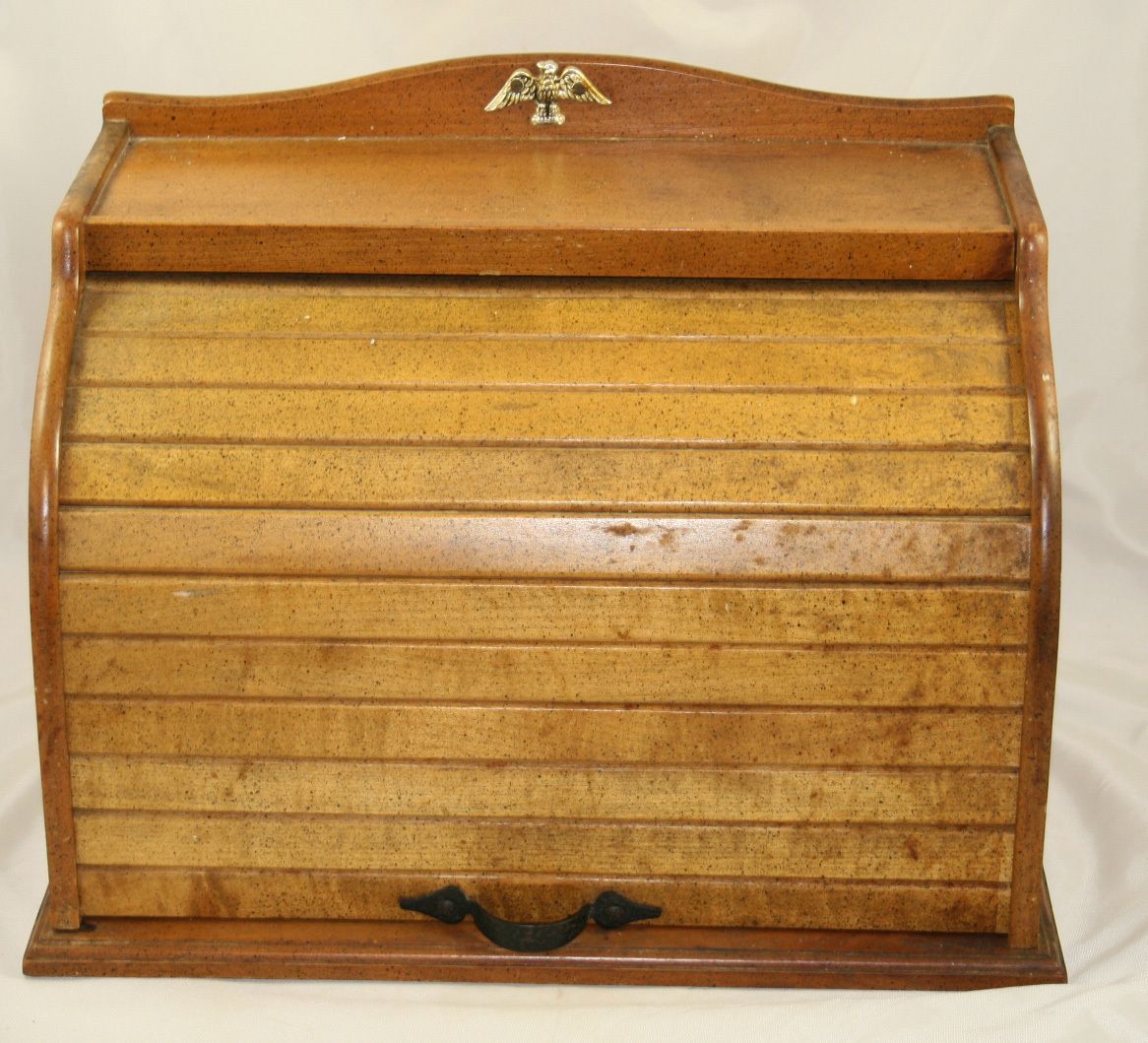Vintage Wood Bread Box with Brass Metal Gold Eagle & Roll Up Door 