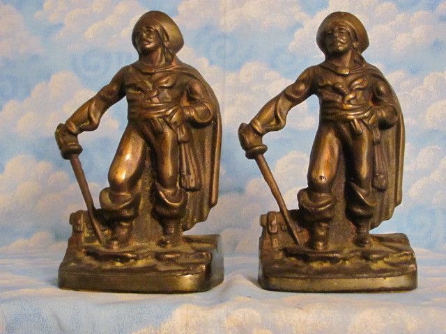 ANTIQUE VINTAGE 1910S BRONZE BOOKENDS BUCCANEER SAILOR 7IN X 5IN