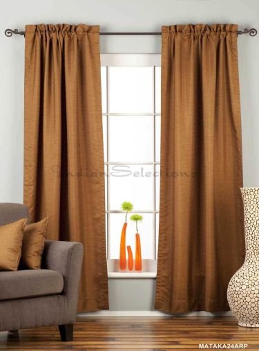 Brown Rod Pocket Matka Raw Silk Curtain Drape Custom Made Piece