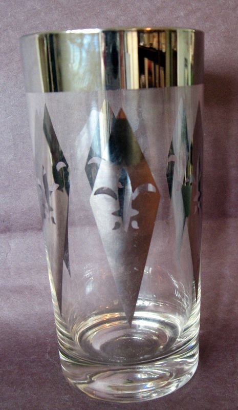 glass tumbler silver rim retro fleur de lis Eames 50s 60s vtge 