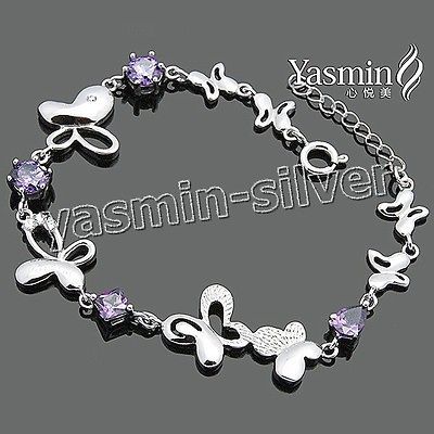   Silver Butterfly Link Charm Amethyst Crystal Bracelet 8 TH201638