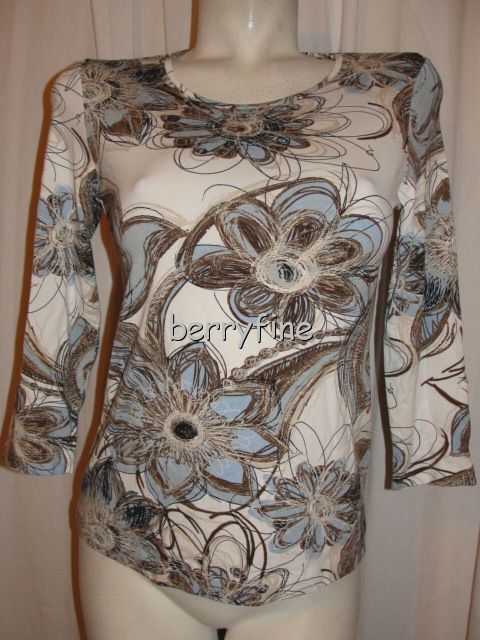 BFS10 CHICOS Size 0 S 4 6 Black Brown Blue Floral Motif 3 4 Sleeve 