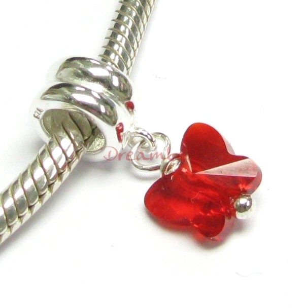    Silver Siam Red Butterfly Dangle Bead For European Charm Bracelets