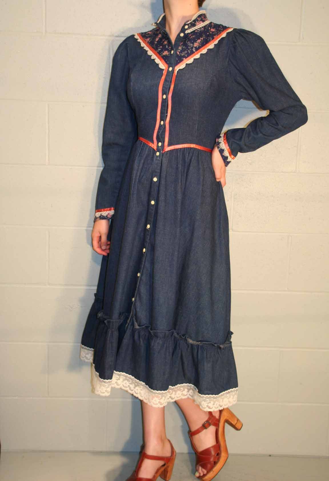   Blue Jean Denim USA Gunne Sax Prairie Calico Lace Ruffle Dress