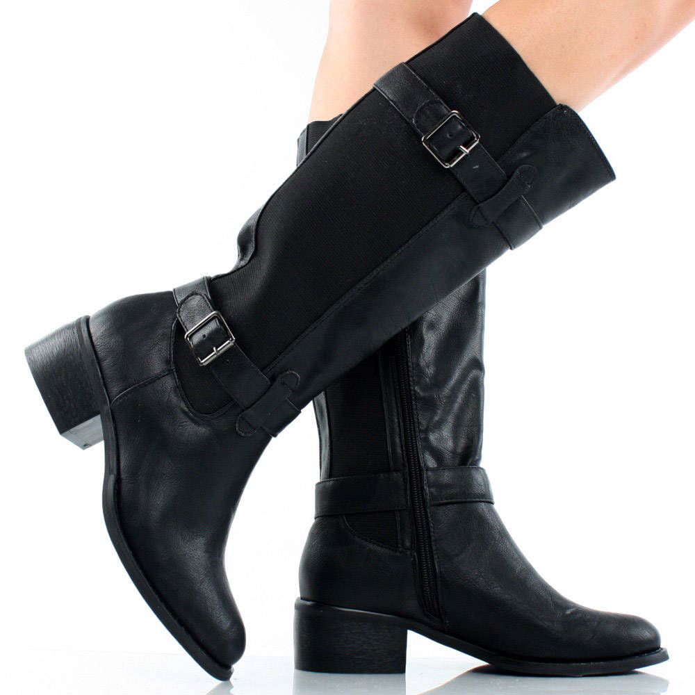 Black Stretchy Buckle Chunky Mid Calf Riding Womens High Heel Boots 8 