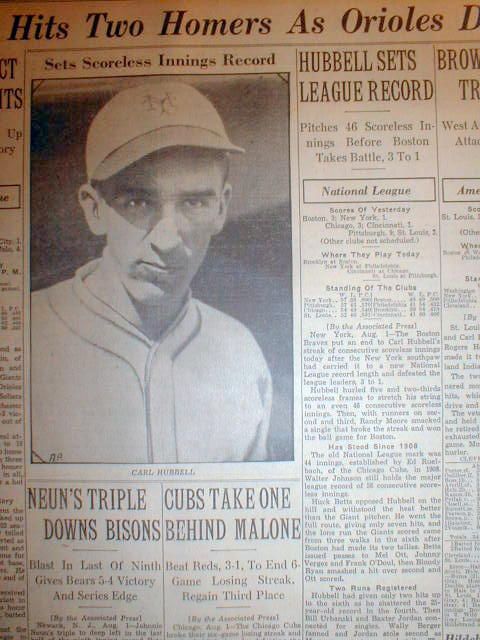 1933 Newspaper Carl Hubbell Setsnew Consecutive Shutout Innings Record 