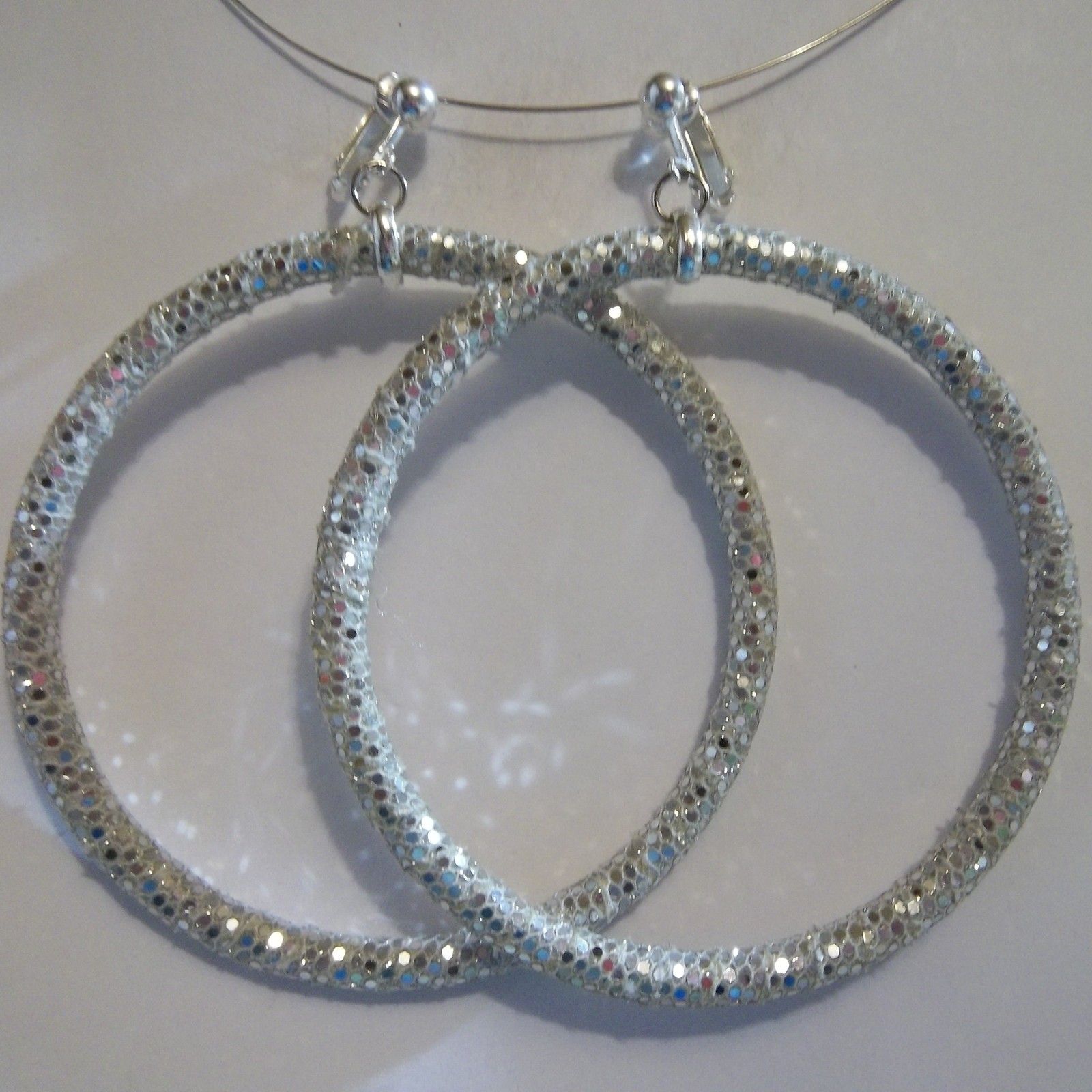 Clip on 3Silver Sequin Non Pierced Large Hoop Earrings J400 Juicebox 