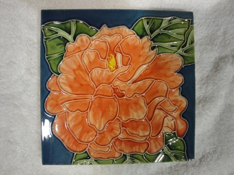 Ceramic Glazed Decorative 6 x 6 Tile 807 Flower w Wood Back W