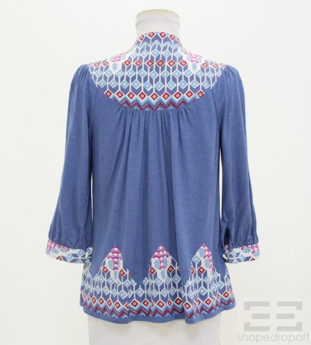 Charlotte Ronson Blue & Multicolor Print Tie Neck Top Size XS