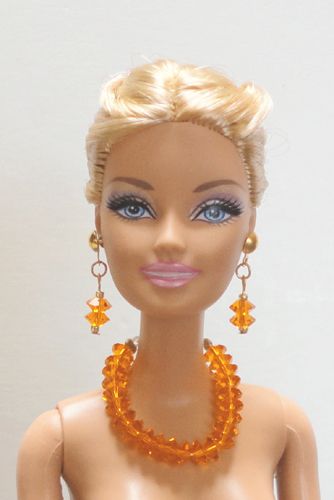Gold Barbie Doll Necklace Earrings Set w Swarovski Pumpkin Orange 