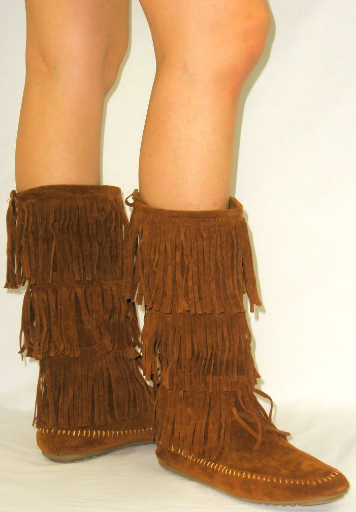 Cherokee Indian Faux Suede Moccasin Fringe Tassel Flat Boots Mid Calf 