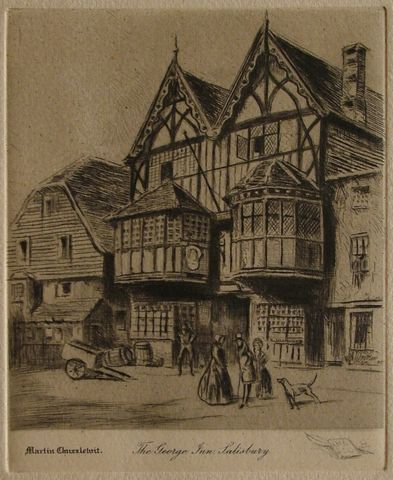 English Etching Charles Dickens Novel George Inn Salisbury  