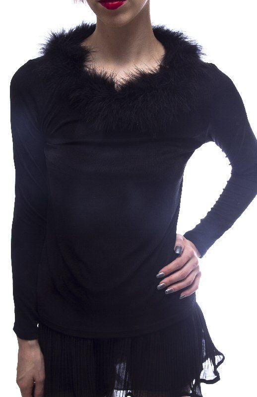 Christine Gerard Black Jersey Top Soft Fluffy Maribou Feathers Silky 