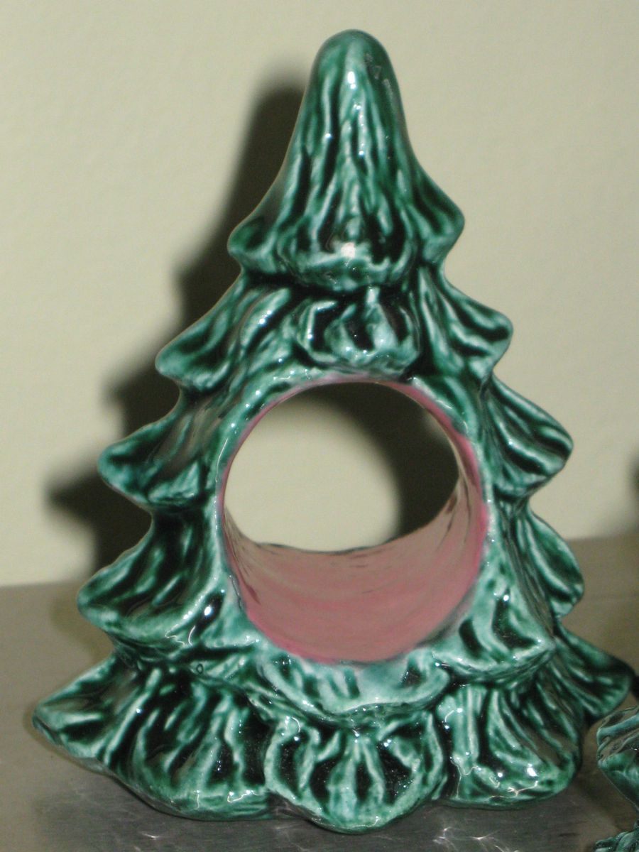 VINTAGE CHRISTMAS TREE NAPKIN HOLDERS RINGS CERAMIC HAND MADE Seven (7