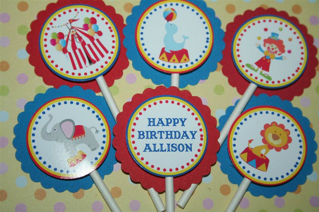 12 Carnival Circus Theme Kids Birthday Cupcake Toppers