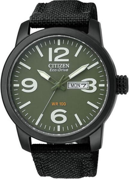 Citizen Eco Drive Military Black Plated Steel Canvas Strap Mens Watch