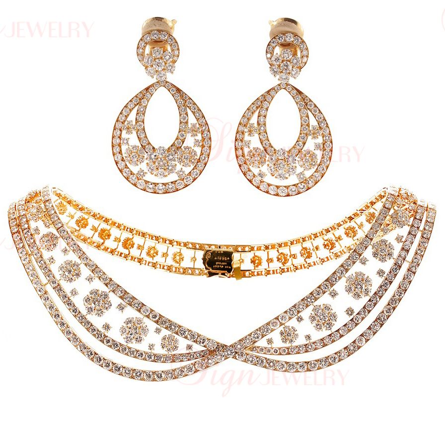 Van Cleef Arpels Estate 18K Yellow Gold Diamond Necklace Earrings