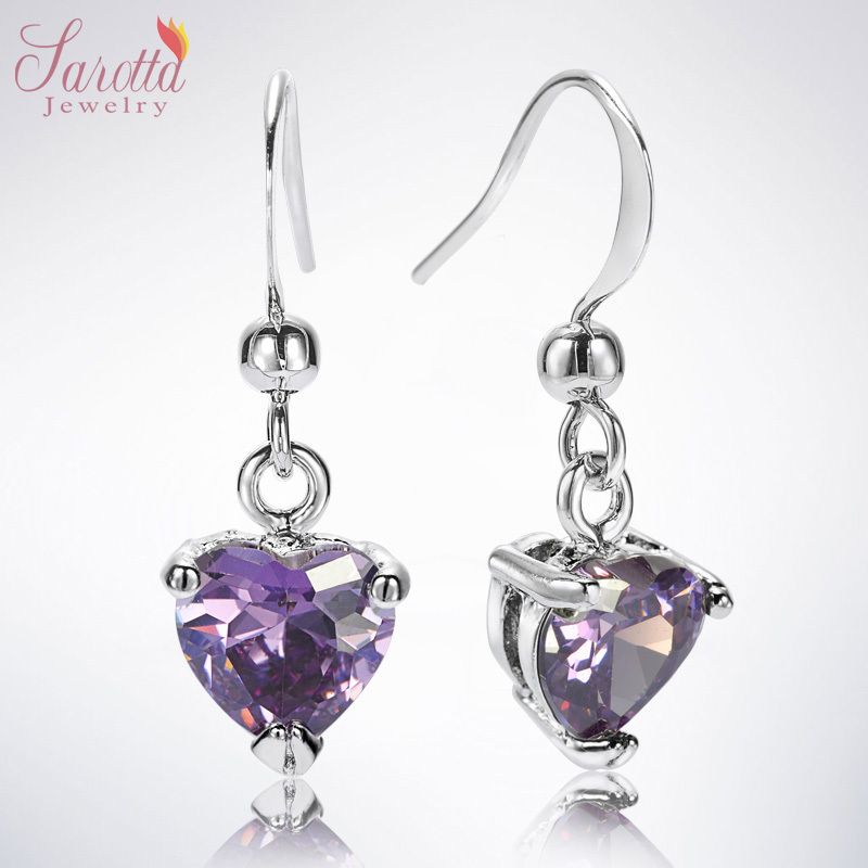 FASHION JEWELRY LADY HEART CUT PURPLE AMETHYST WHITE GOLD GP DANGLE