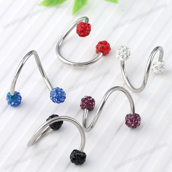 16G Czech Crystal Spiral Twister Screw Eyebrow Ring Earring Ear Stud