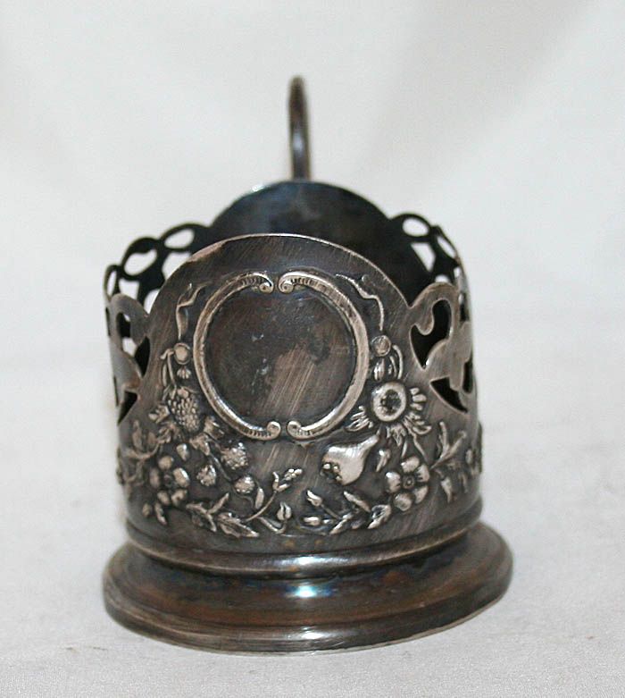 Antique Silver Plated Tea Cup Glass Holder Russia 1910c