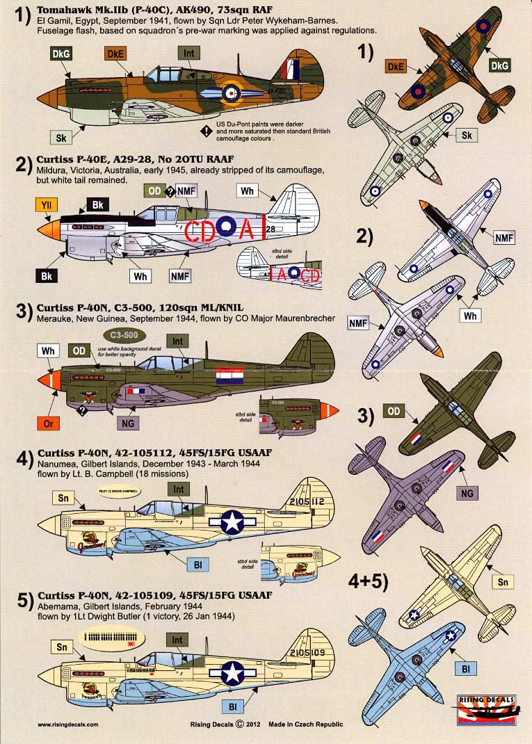 Rising Decals 1/72 CURTISS P 40C P 40E & P 40N WARHAWK Fighters