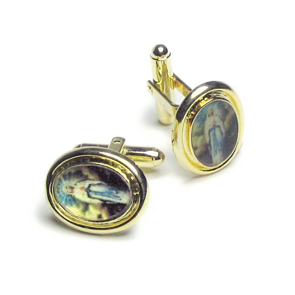 Gold Tone Cufflinks Oval Shape Virgin Mary Mens Cuff Links