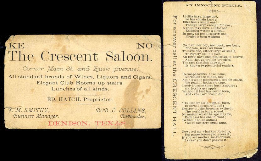 RARE Crescent Saloon Trade Card with Suggestive Poem Puzzle Denison TX