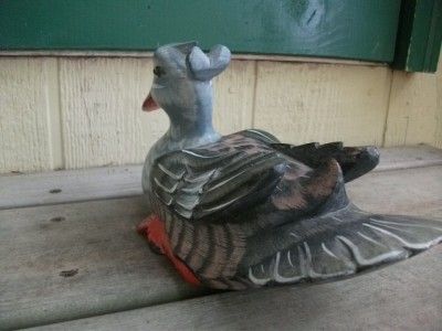  Carved Painted Wooden Duck 10 Long Gray Tan 30 Feathers Decoy