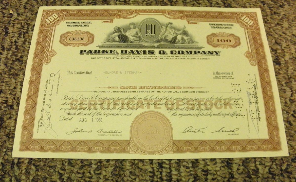 1968 Parke Davis Company 100 Share Stock Certificate