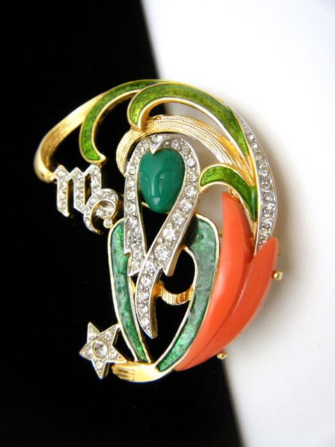 Denicola Vintage Zodiac Brooch Virgo Virgin Rhinestone Enamel Lucite