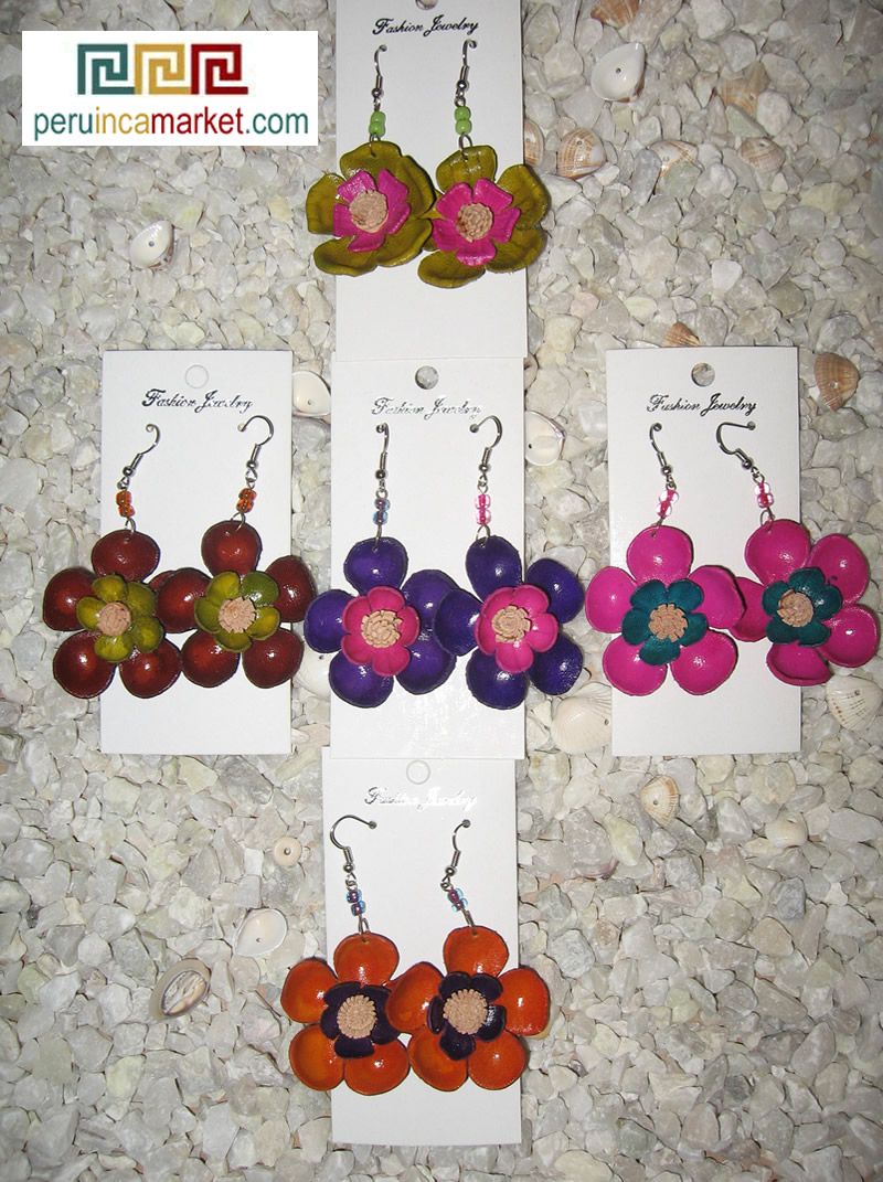 Pair Leather Earrings Purple Flower Unique Design