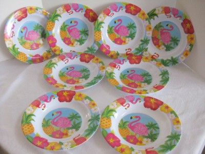 Set 8 Plastic Plates Pink Flamingo Tropical Decor Summertime Patio