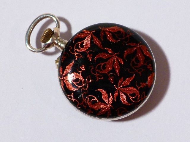 Antique c1890 DIDO Swiss Black Red FLORAL Back Enamel FOB POCKET