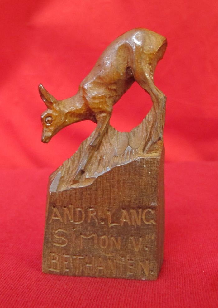 Antique Hand Carved Doe Deer Wooden Signed from A Museum Collection