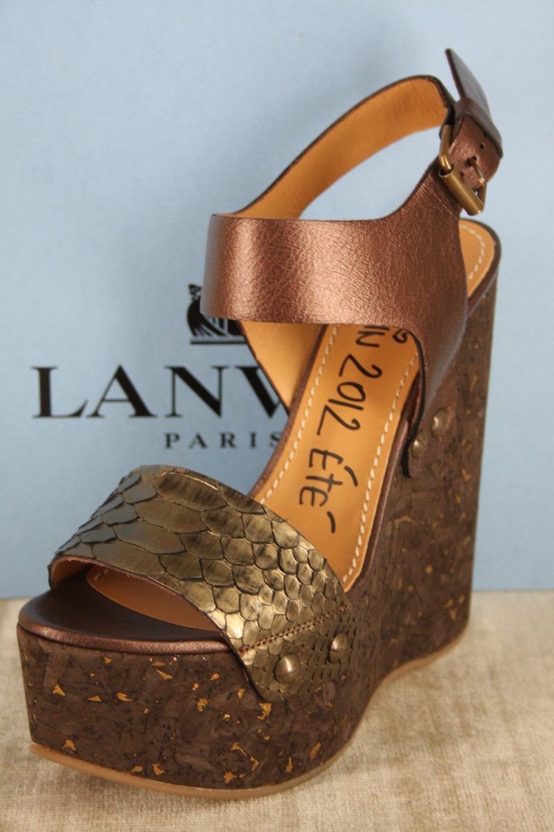  Genuine Python Wedge Sandal Brown Metallic size 37 7 $1193 Snake