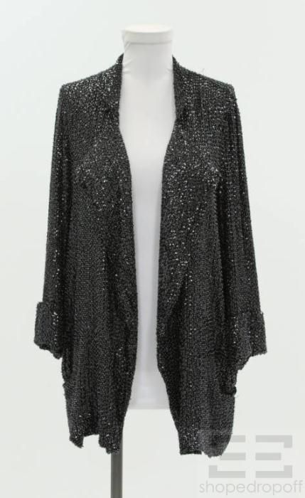 Diane Von Furstenberg Black Silk Sequined Open Front Jacket Size 4