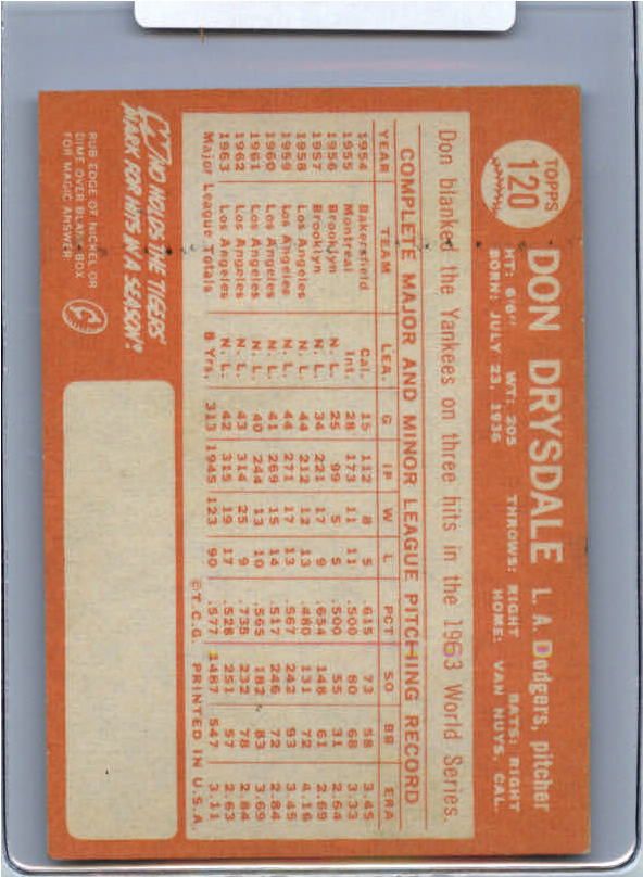 1964 Topps BB 120 Don Drysdale Dodgers BB64STARS 0063