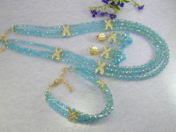 Look Blue Topaz Crystal Beaded Dubai Set 24K Gold GP Earrings Necklace