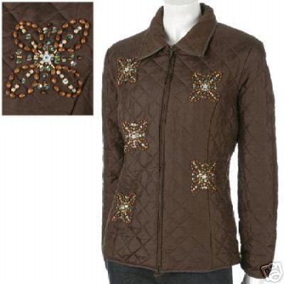 Donna Cody Brown Bead Quilted Jacket Gold Teal Sequined Embellishments
