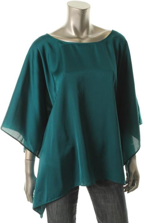 DKNYC Blue Satin Cape Sleeves Scoop Neck Blouse L BHFO