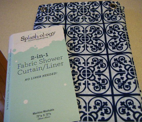  MEDALLION SQUARES SHOWER CURTAIN NAVY BLUE & WHITE WATER REPEL NEW