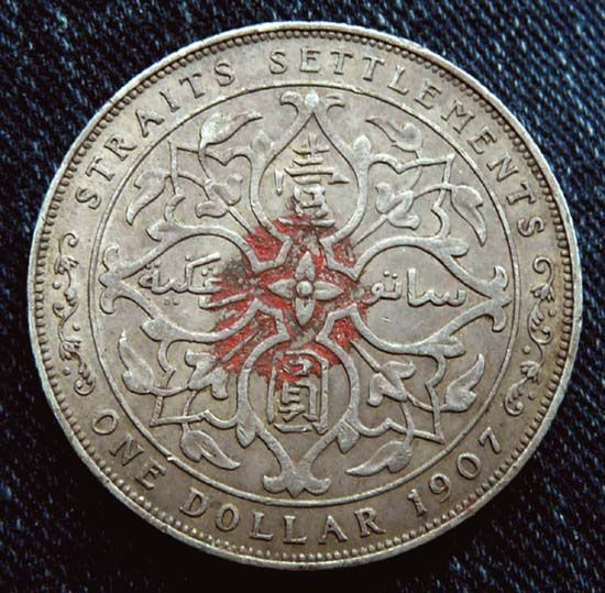 Straite Settlements Edward VII Silver One Dollar 1907 Red Ink Chop