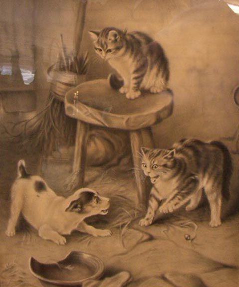 EXCELLENT WELL DONE F B DOWNING CAT CHARCOAL DRAWING PAINTING   CIRCA