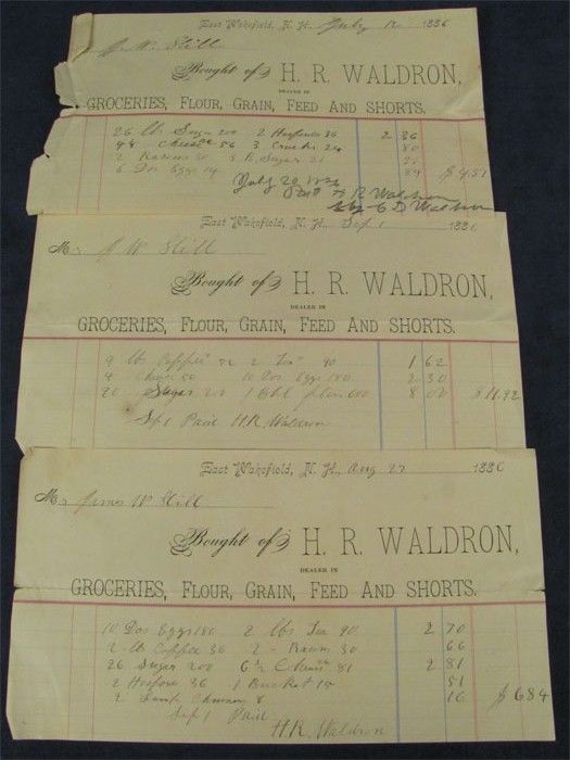 Grocery Receipts H R Waldron East Wakefield NH 1886