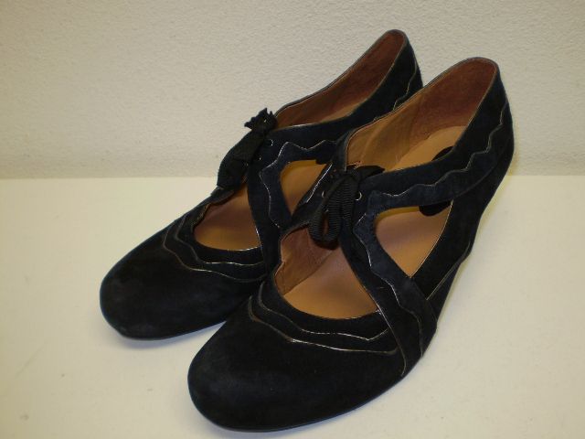 Earthies Sarenza Black Suede Leather Mary Jane Shoe Heels Tie Womens
