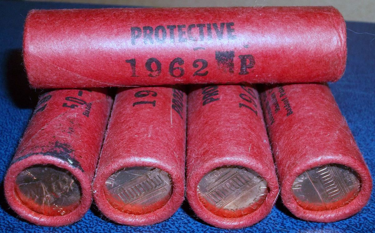 1962P Penny Rolls 5 Shiny in Protective Machine Wrapping